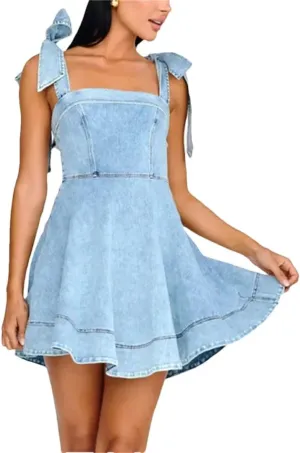 Lace-Up Shoulder Straps Denim Backless High Waist Suspenders Pleated Short Jeans Dresses