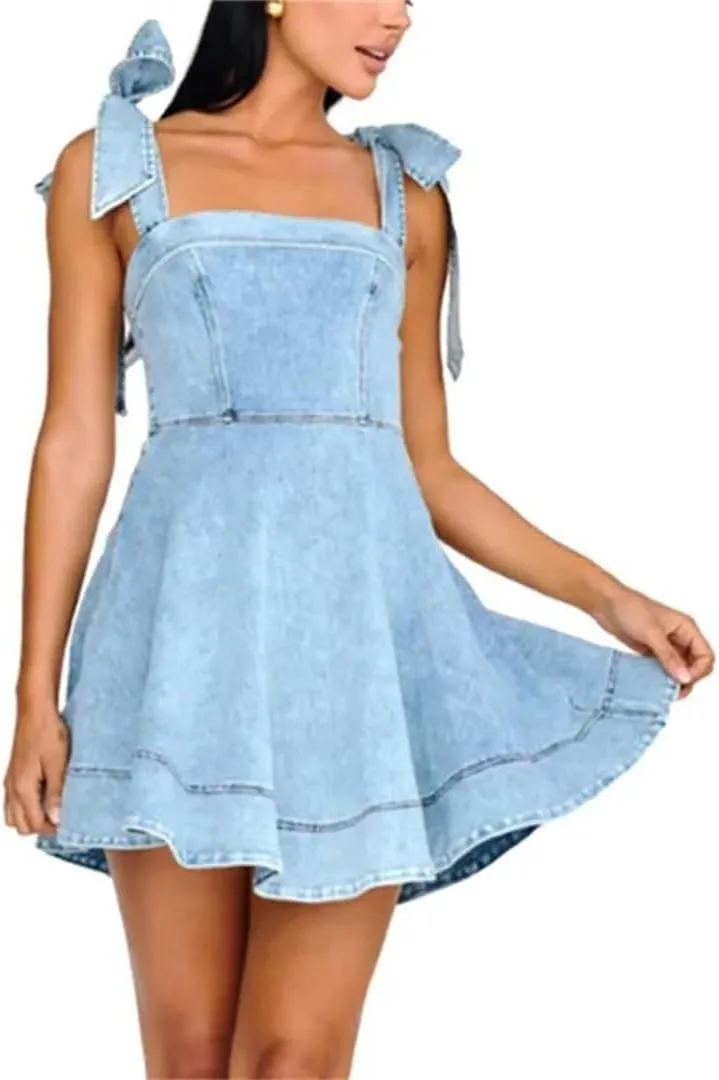 Lace-Up Shoulder Straps Denim Backless High Waist Suspenders Pleated Short Jeans Dresses