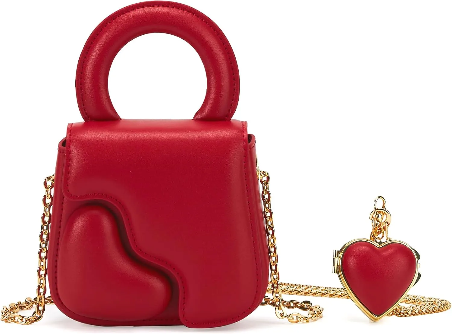 LA'FESTIN Mini Crossbody Bag for Women, Heart-Shape Leather Top-Handle Handbag with Heart-shape Mirrors & Long Chain Strap