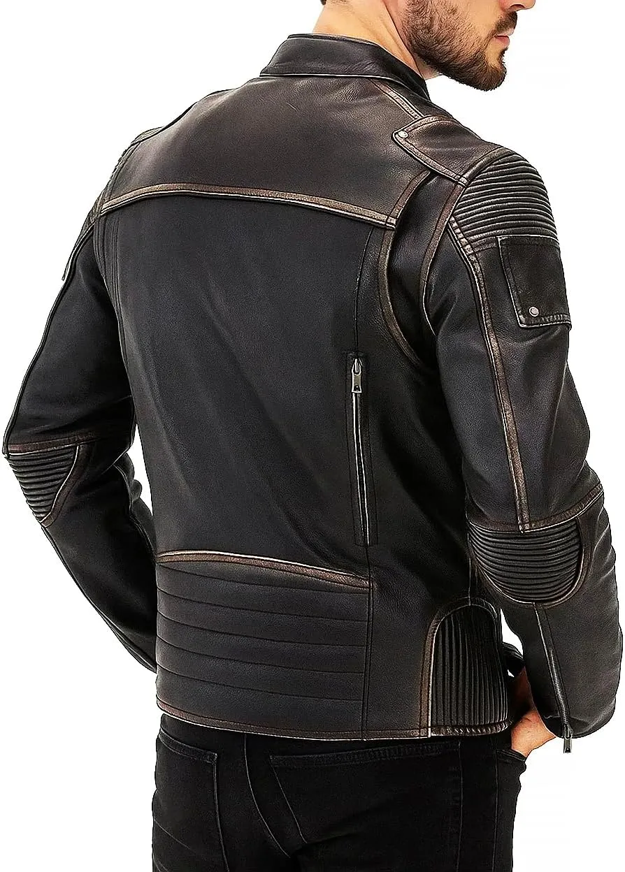 Lambskin Leather Jacket for Men - Vintage Distressed Brown Biker Coat