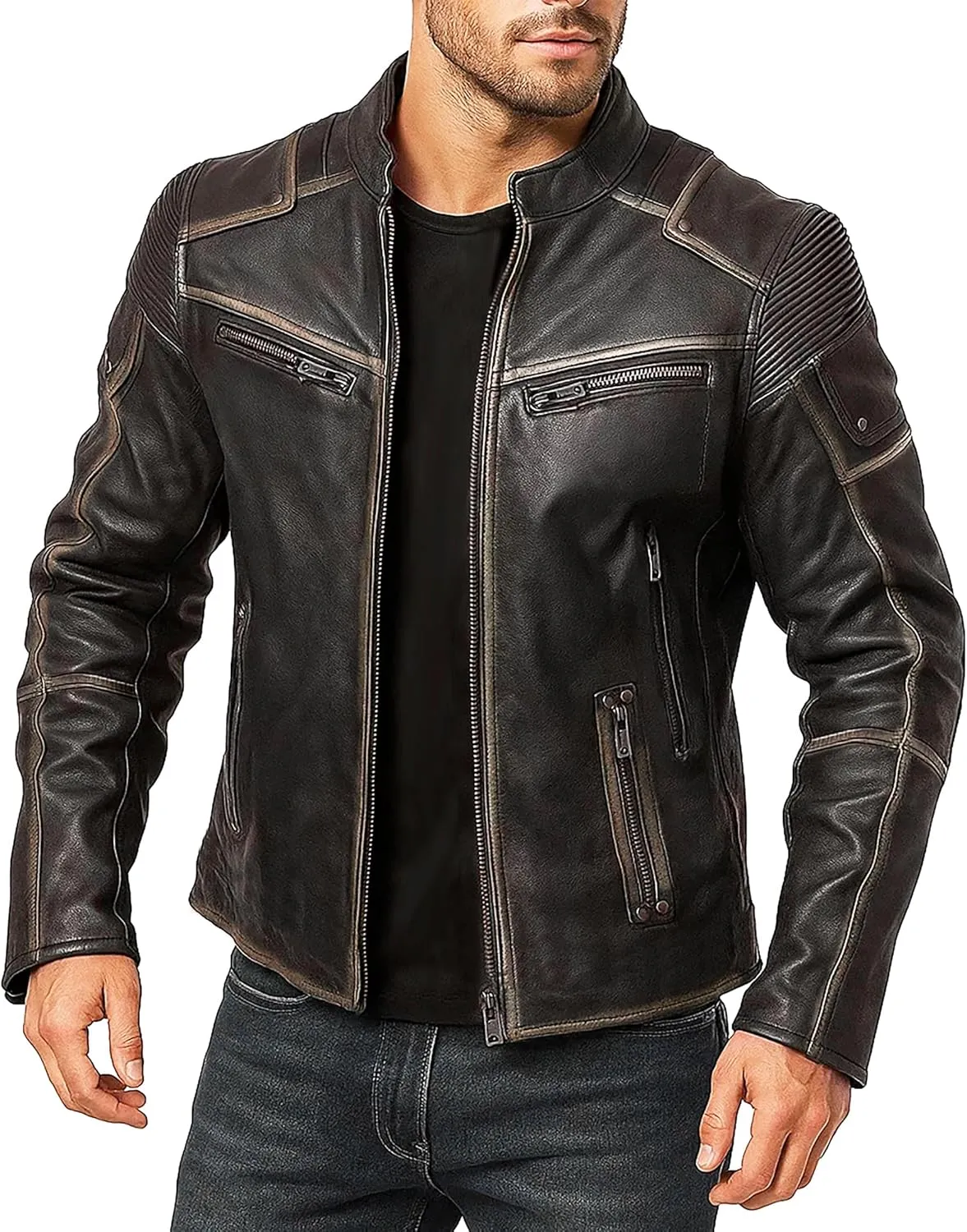 Lambskin Leather Jacket for Men - Vintage Distressed Brown Biker Coat