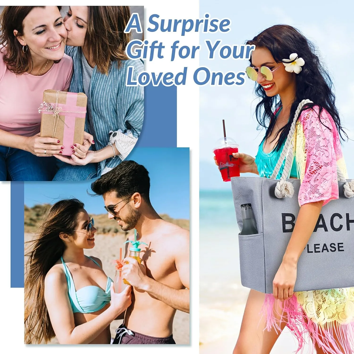 Large Canvas Beach Tote Bag with Zipper Women Swim, Travel, Shopping, Gym and Beach Holiday Cruise Essentials