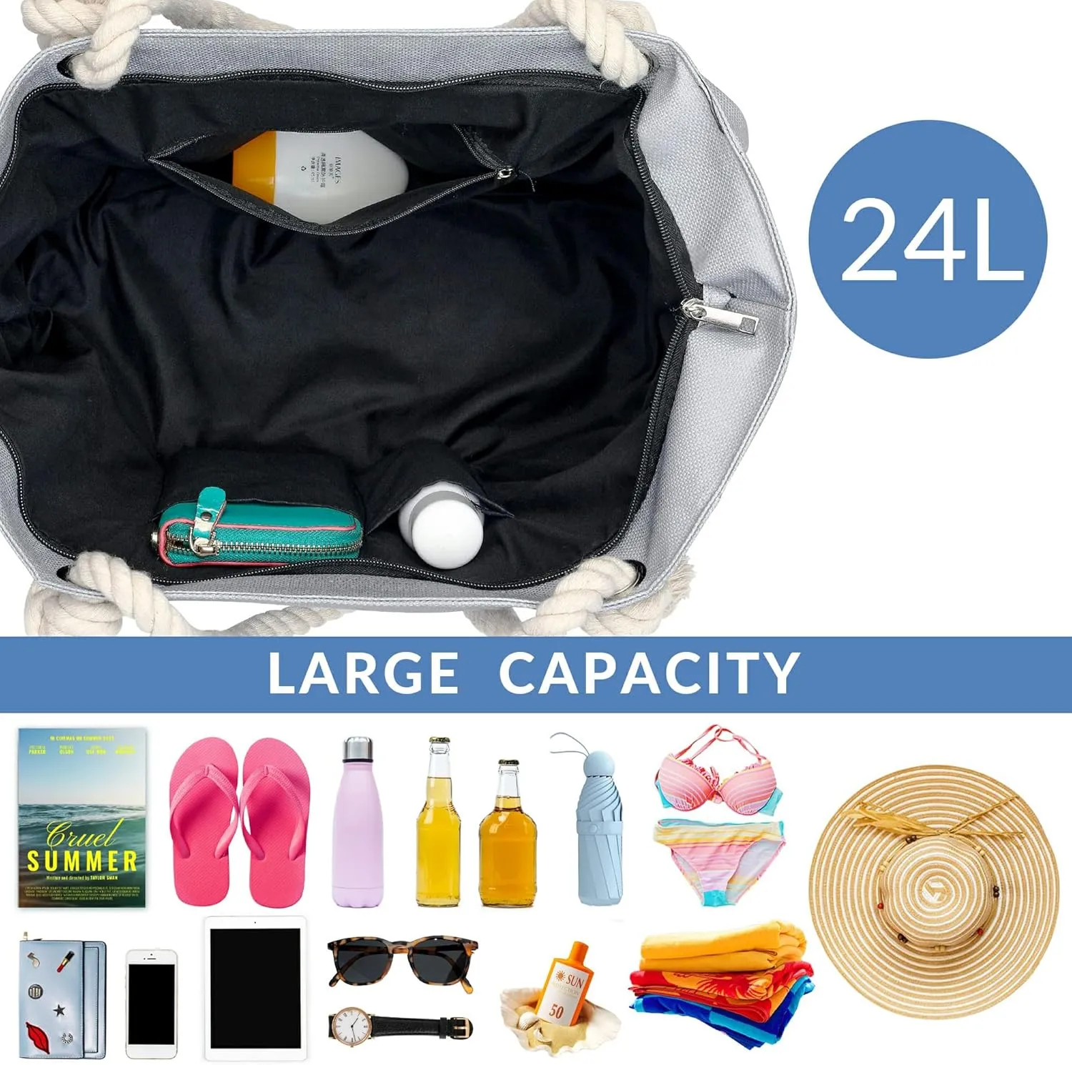 Large Canvas Beach Tote Bag with Zipper Women Swim, Travel, Shopping, Gym and Beach Holiday Cruise Essentials
