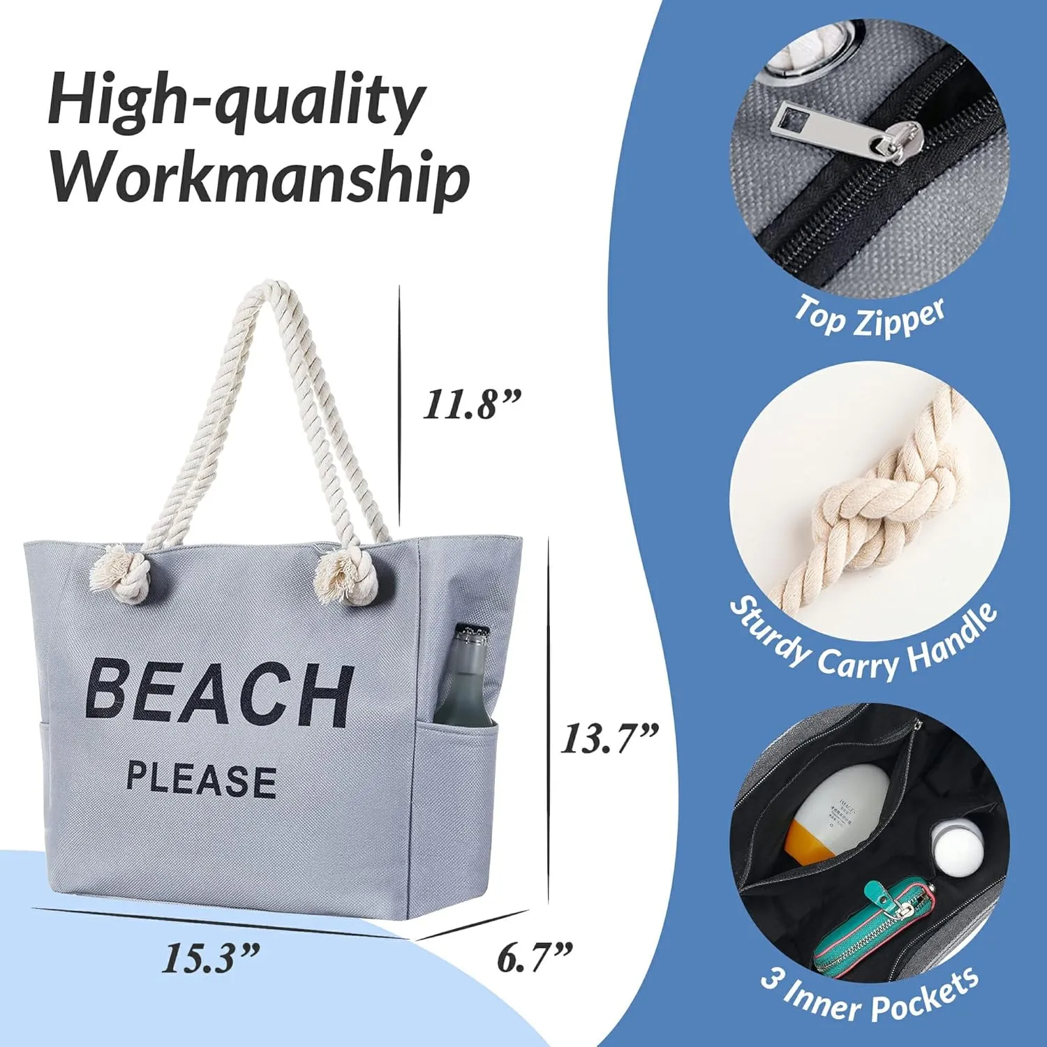 Large Canvas Beach Tote Bag with Zipper Women Swim, Travel, Shopping, Gym and Beach Holiday Cruise Essentials