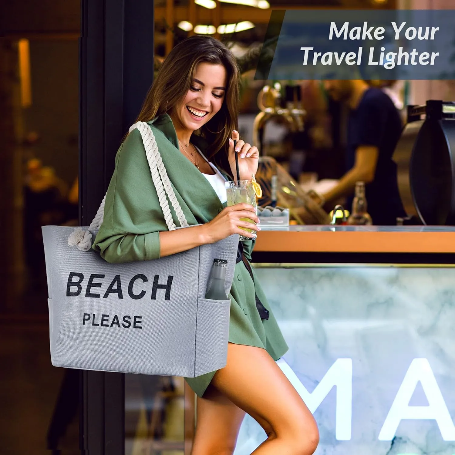 Large Canvas Beach Tote Bag with Zipper Women Swim, Travel, Shopping, Gym and Beach Holiday Cruise Essentials