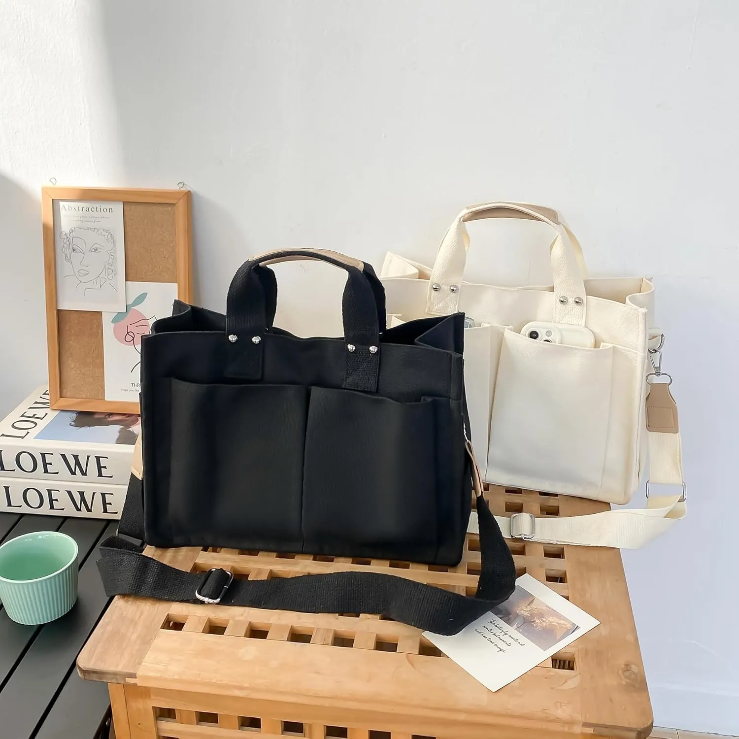 Large Canvas Tote Bag for Women Men Shoulder Bags Hobo Handbags with Multi-Pockets Casual Bag for Travel, Work