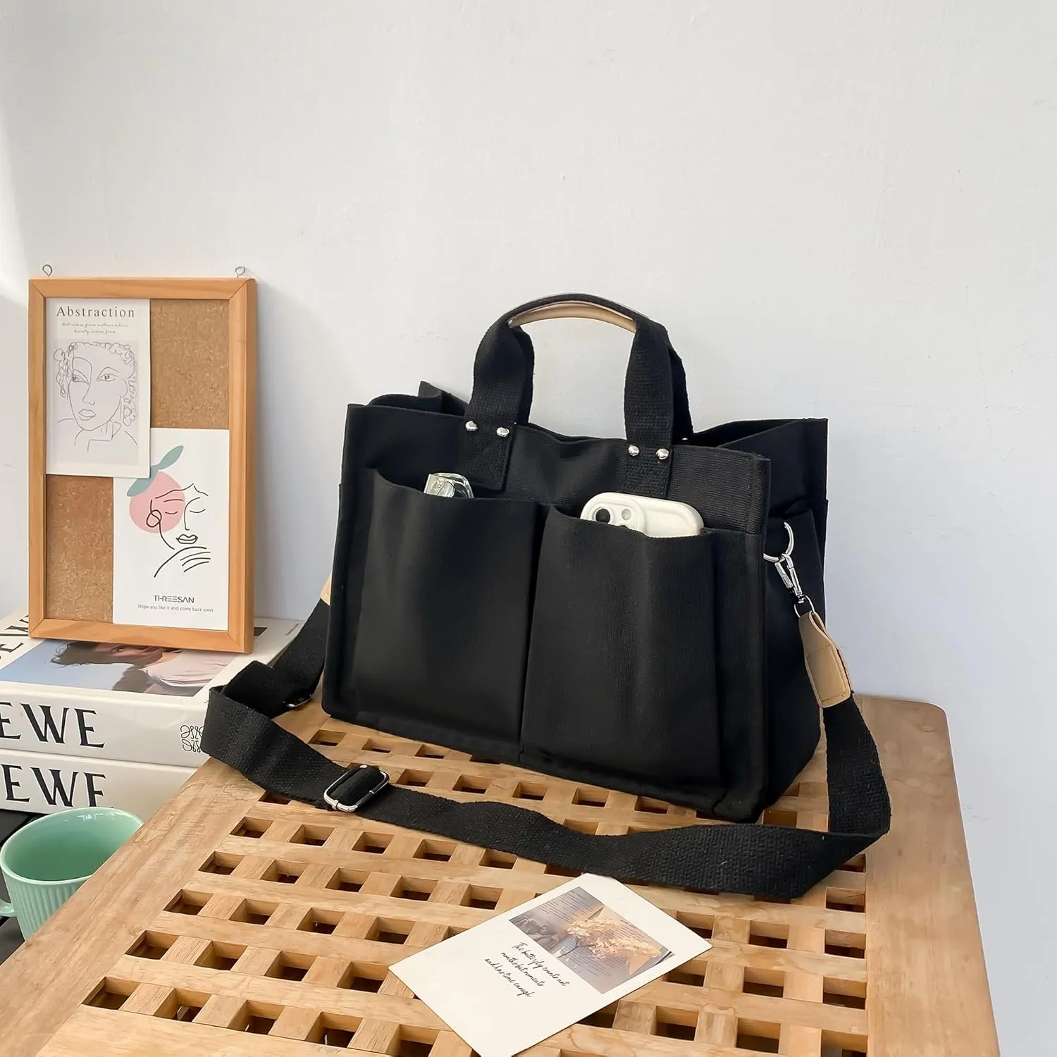 Large Canvas Tote Bag for Women Men Shoulder Bags Hobo Handbags with Multi-Pockets Casual Bag for Travel, Work