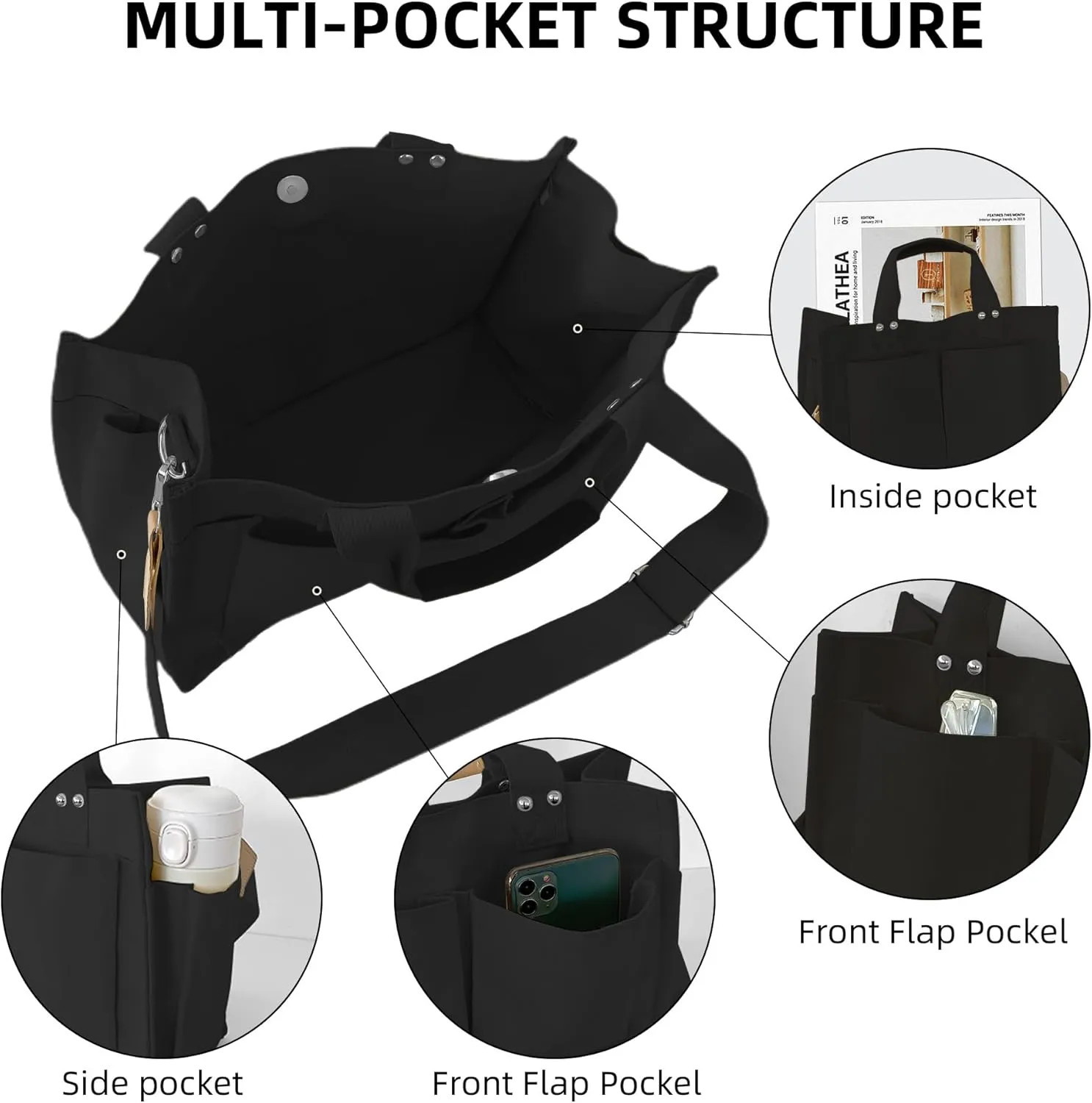 Large Canvas Tote Bag for Women Men Shoulder Bags Hobo Handbags with Multi-Pockets Casual Bag for Travel, Work