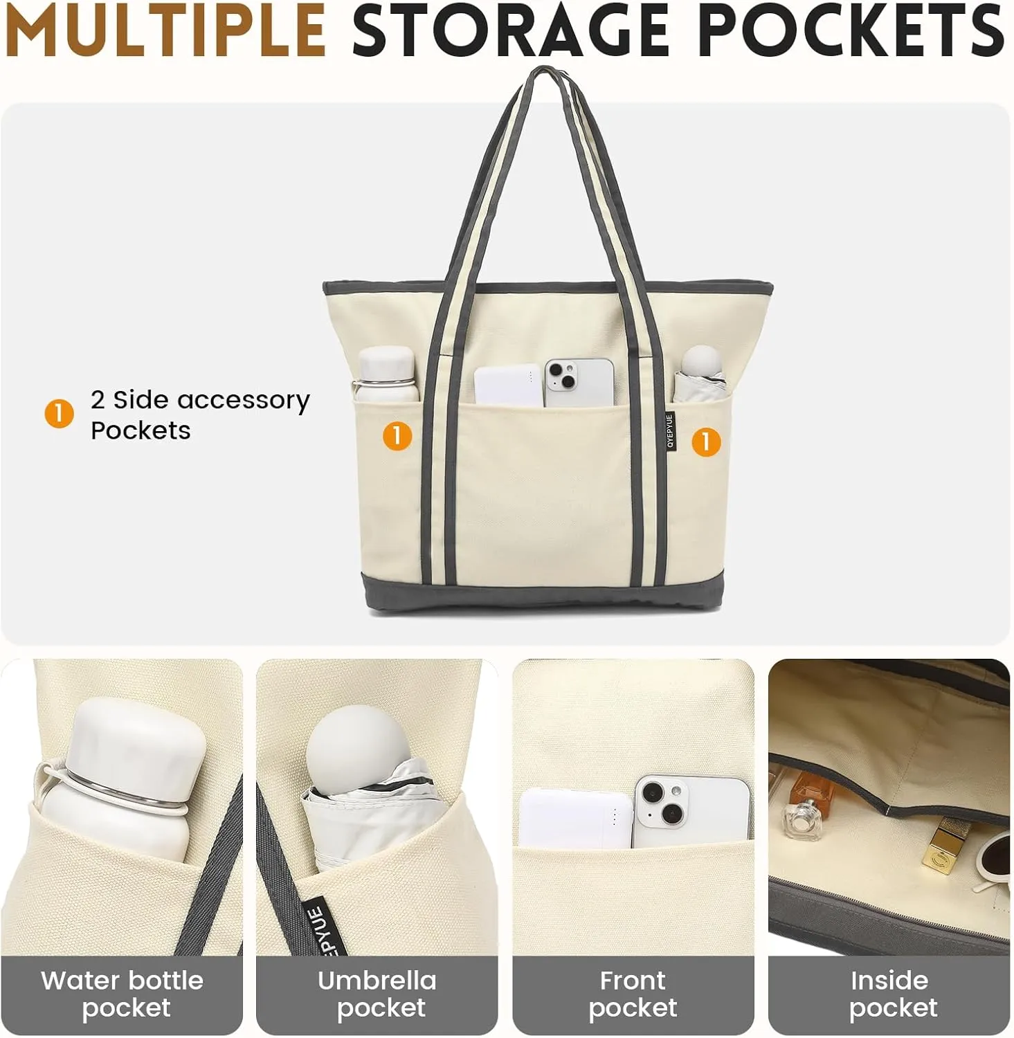 Large Canvas Tote Bag for Women, Utility Tote Bag with Zipper Closure, Everything Bag with 3 Front Pockets