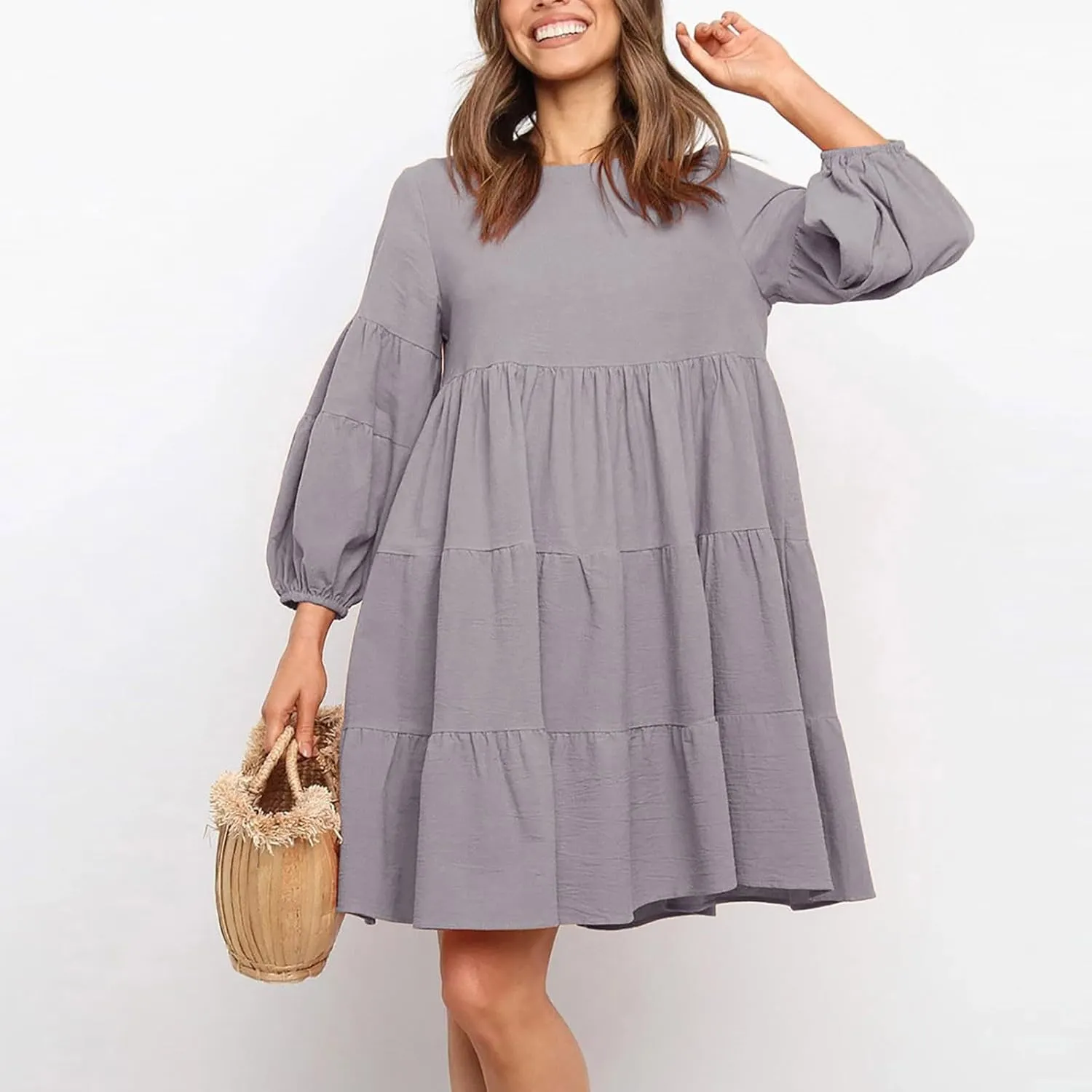 Lastesso Womens Summer Dresses Fashion Flare High Waisted Linen Cotton Sundress Trendy Long Sleeve Wedding Guest Clothes