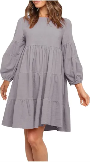 Lastesso Womens Summer Dresses Fashion Flare High Waisted Linen Cotton Sundress Trendy Long Sleeve Wedding Guest Clothes