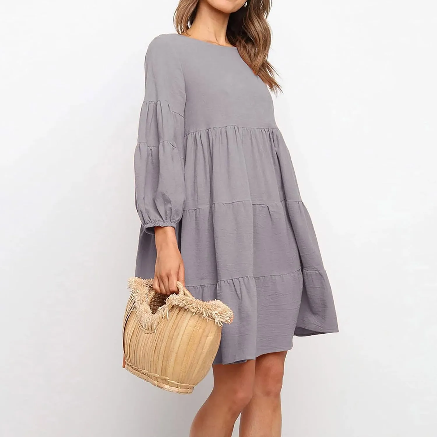 Lastesso Womens Summer Dresses Fashion Flare High Waisted Linen Cotton Sundress Trendy Long Sleeve Wedding Guest Clothes