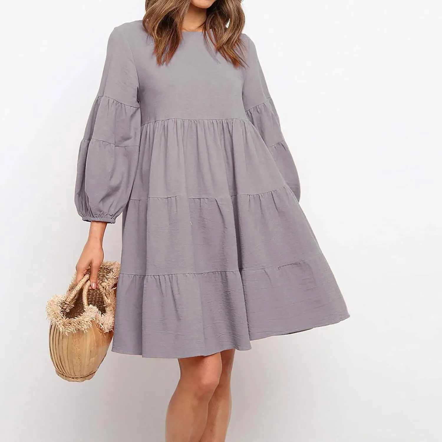Lastesso Womens Summer Dresses Fashion Flare High Waisted Linen Cotton Sundress Trendy Long Sleeve Wedding Guest Clothes