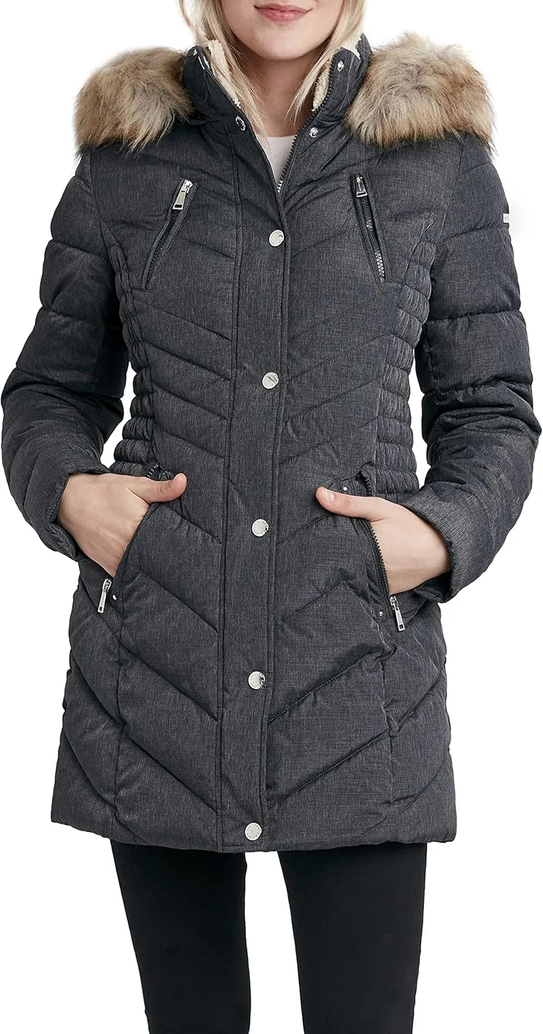 Laundry by Shelli Segal Women's 3/4 Puffer Jacket with Faux Fur Striped Hood
