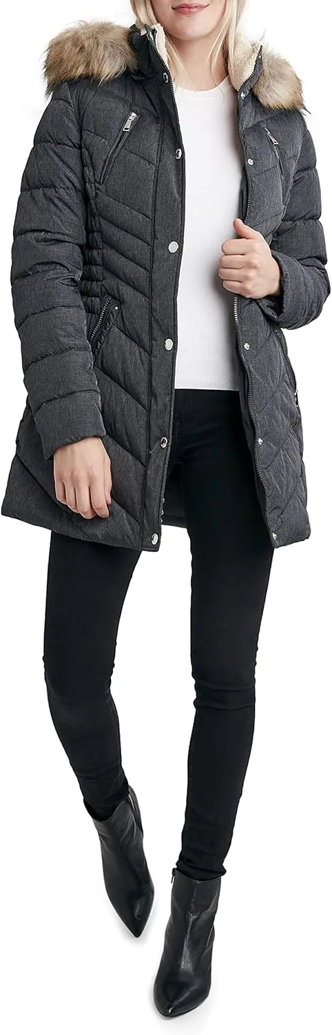 Laundry by Shelli Segal Women's 3/4 Puffer Jacket with Faux Fur Striped Hood