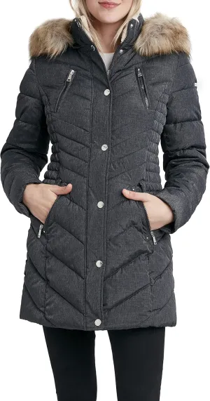 Laundry by Shelli Segal Women's 3/4 Puffer Jacket with Faux Fur Striped Hood