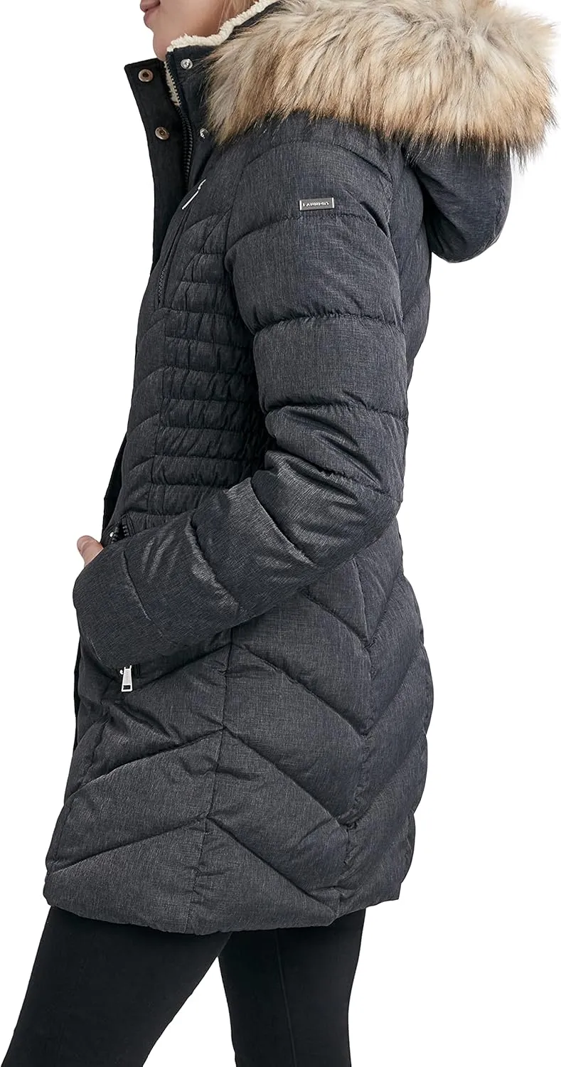 Laundry by Shelli Segal Women's 3/4 Puffer Jacket with Faux Fur Striped Hood