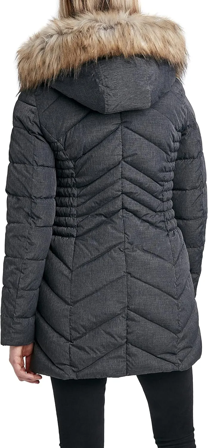 Laundry by Shelli Segal Women's 3/4 Puffer Jacket with Faux Fur Striped Hood