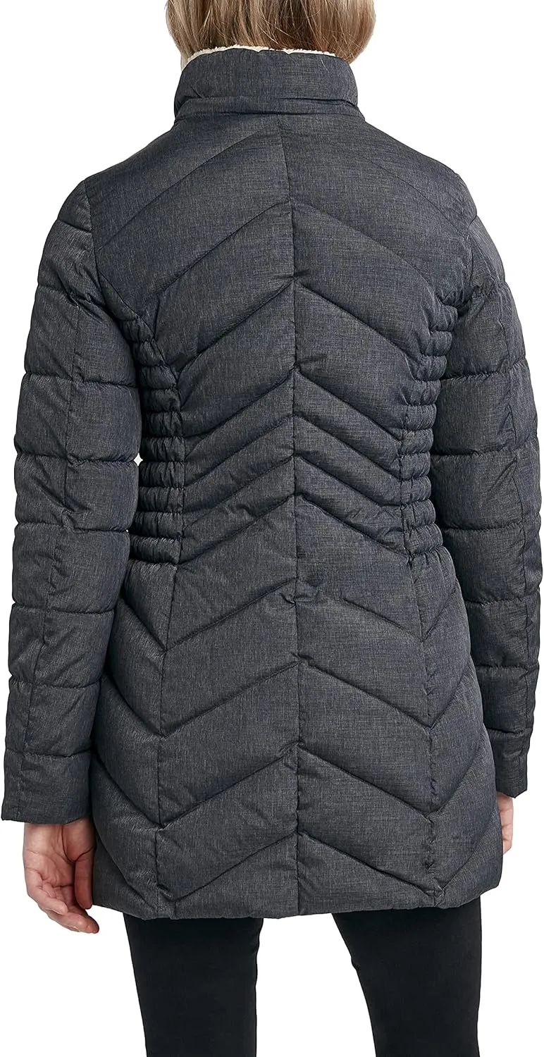 Laundry by Shelli Segal Women's 3/4 Puffer Jacket with Faux Fur Striped Hood