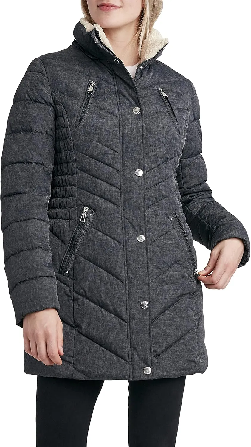 Laundry by Shelli Segal Women's 3/4 Puffer Jacket with Faux Fur Striped Hood