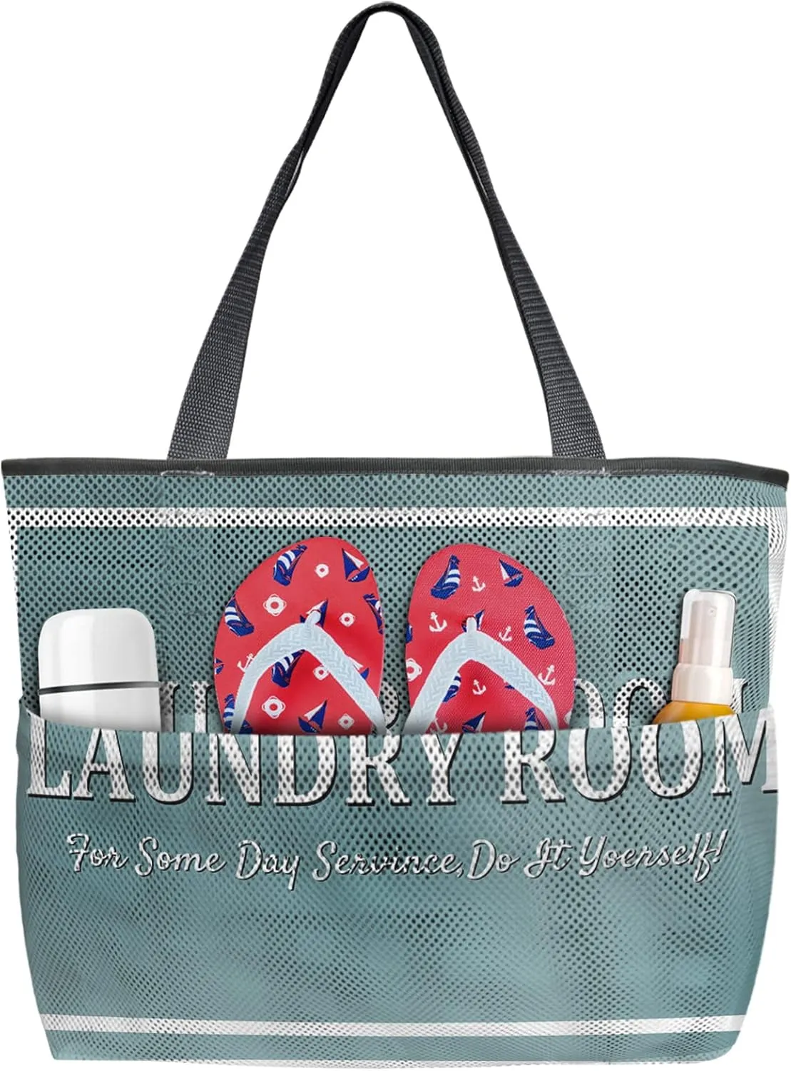 Laundry Room Do It Yourself Beach Tote Bag for Women, Blue Laundry Decor Backdrop Mesh Beach Bags Waterproof Sandproof, Outdoor Picnic Swim Pool Handbag - Large Beach Bag with Zipper and Pockets