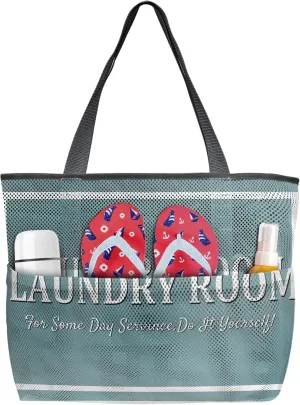Laundry Room Do It Yourself Beach Tote Bag for Women, Blue Laundry Decor Backdrop Mesh Beach Bags Waterproof Sandproof, Outdoor Picnic Swim Pool Handbag - Large Beach Bag with Zipper and Pockets