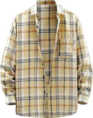 LCMTWX Men's Cotton Plaid Shirts Jacket Printing Lightweight Breathable Long Sleeve Lapel Formal Fleece Lined Flannel