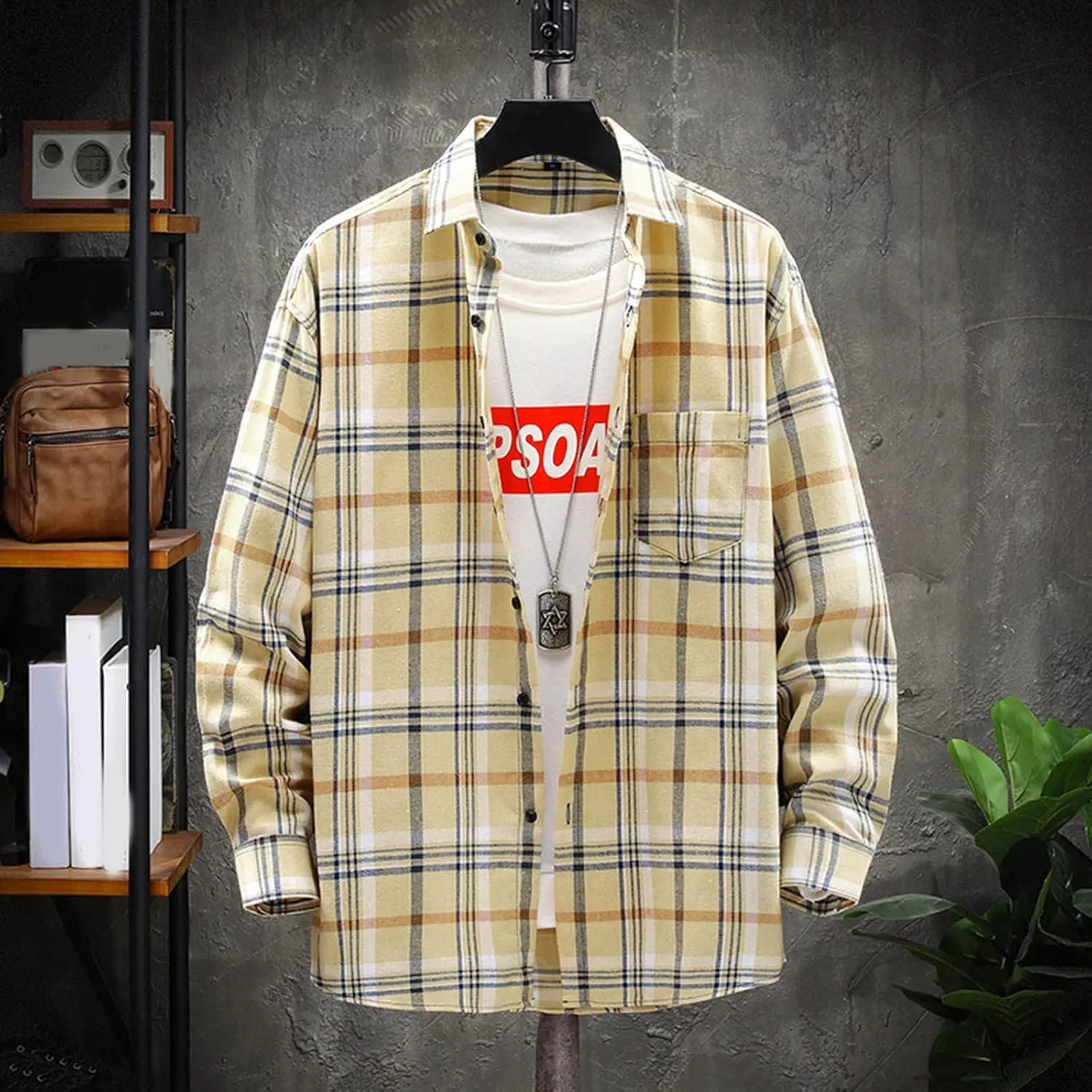 LCMTWX Men's Cotton Plaid Shirts Jacket Printing Lightweight Breathable Long Sleeve Lapel Formal Fleece Lined Flannel