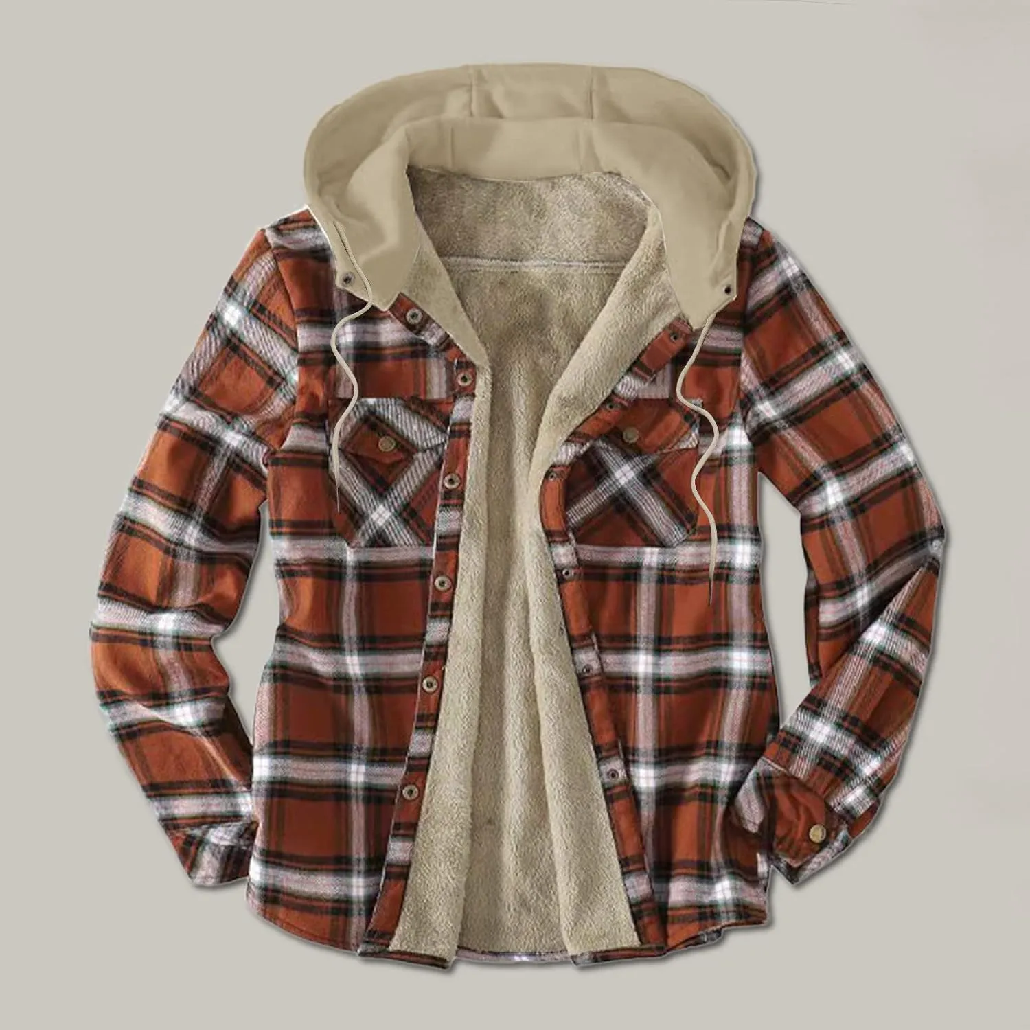 LCMTWX Men's Hooded Shirt Jacket Plaid Pocket Hooded Loose Coat Plus Velvet Shirt Top Casual Long Sleeve Lined Hooded Plaid