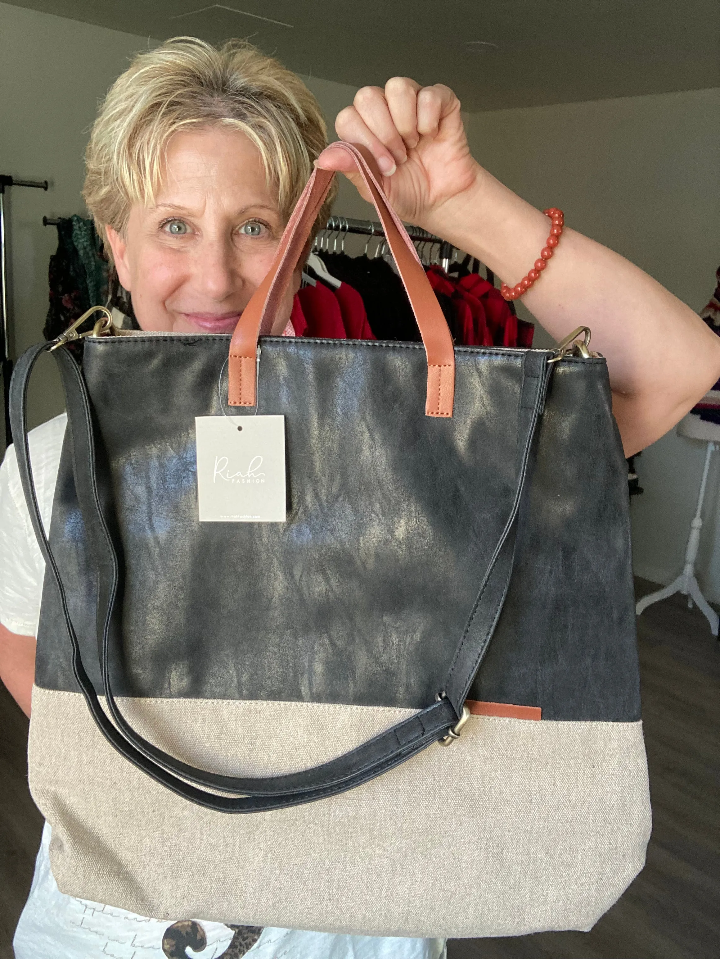 Leather and Canvas Tote Bag - Two Tone