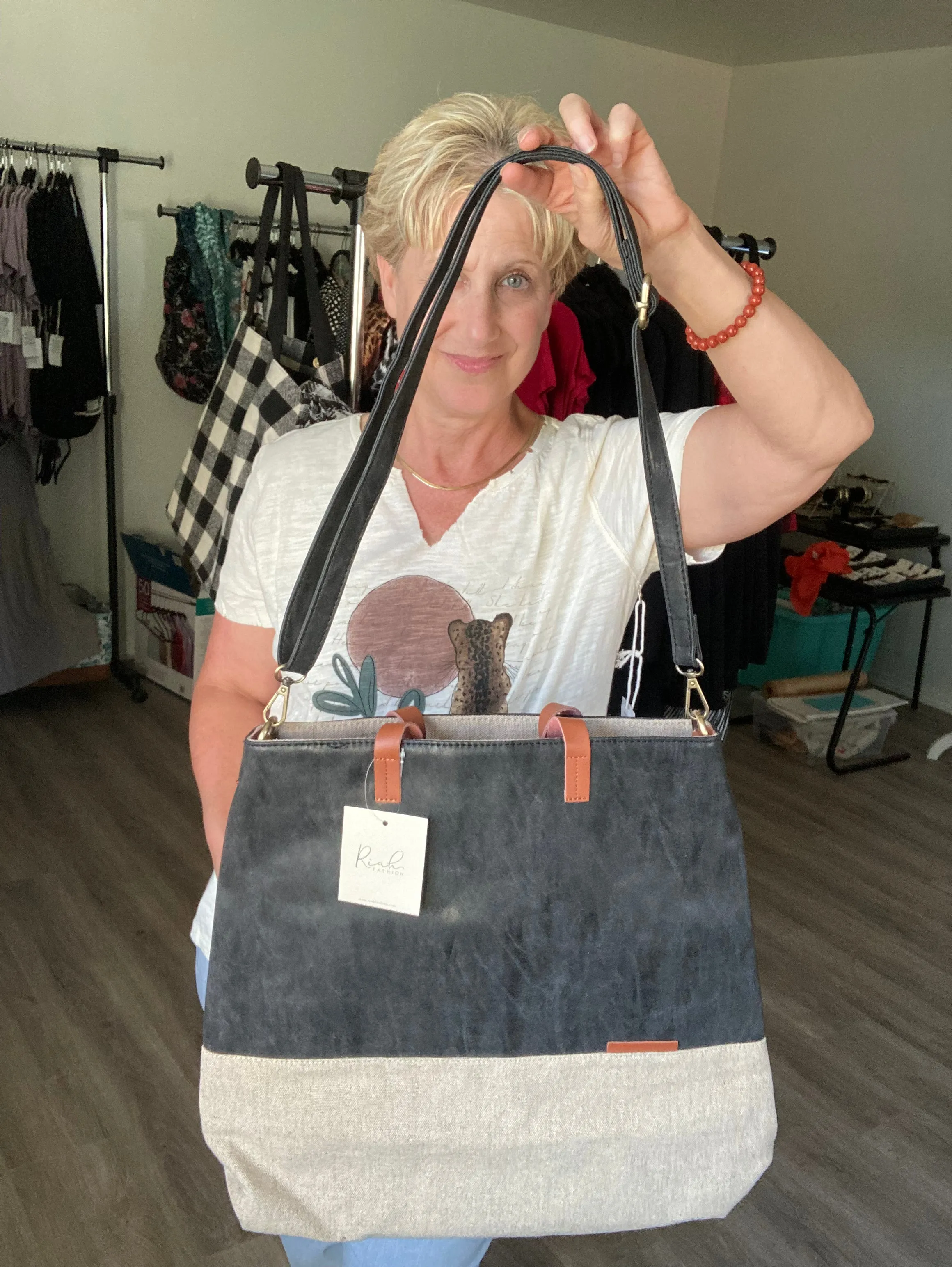 Leather and Canvas Tote Bag - Two Tone