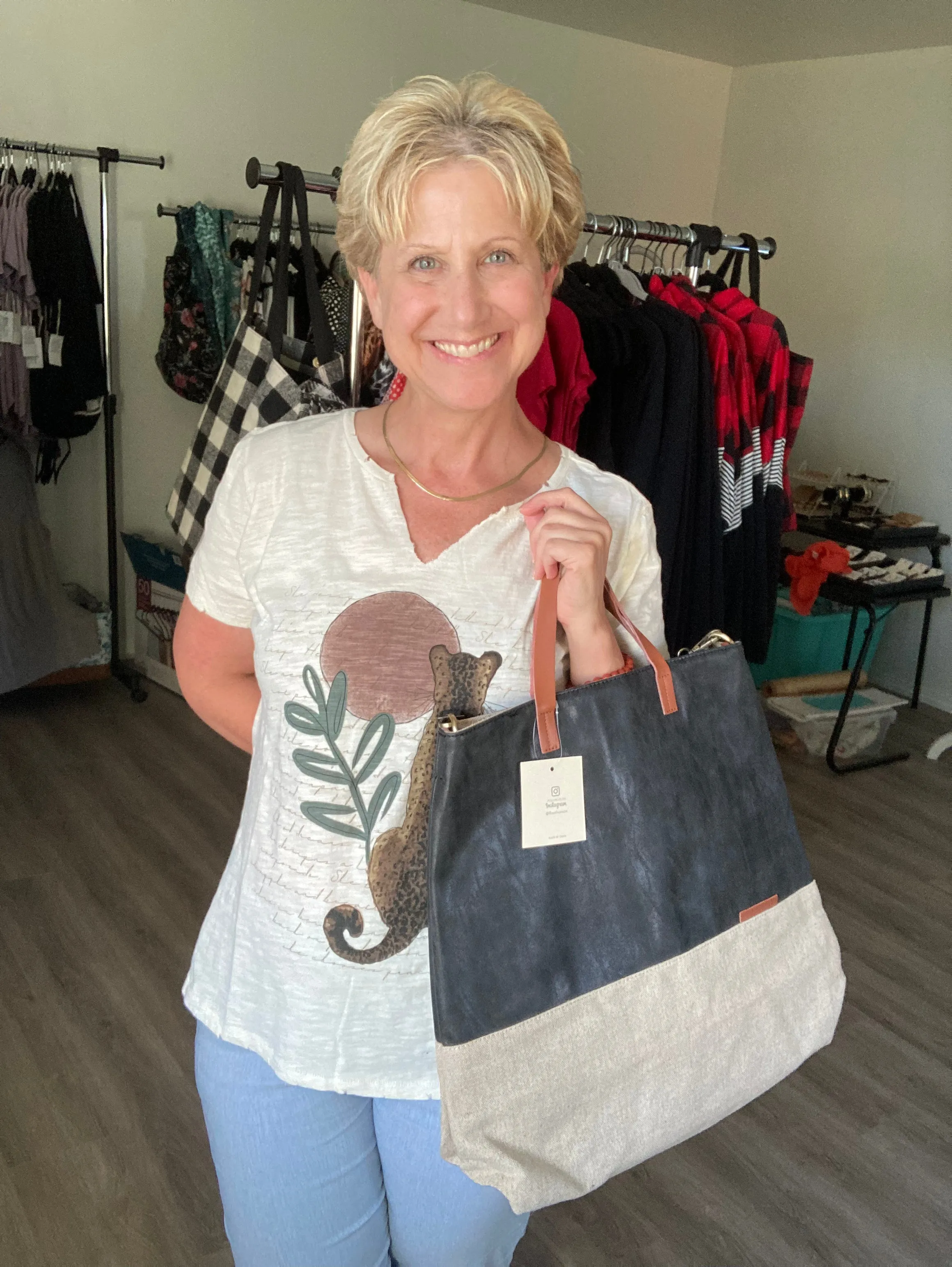 Leather and Canvas Tote Bag - Two Tone