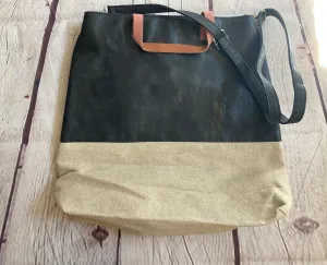 Leather and Canvas Tote Bag - Two Tone