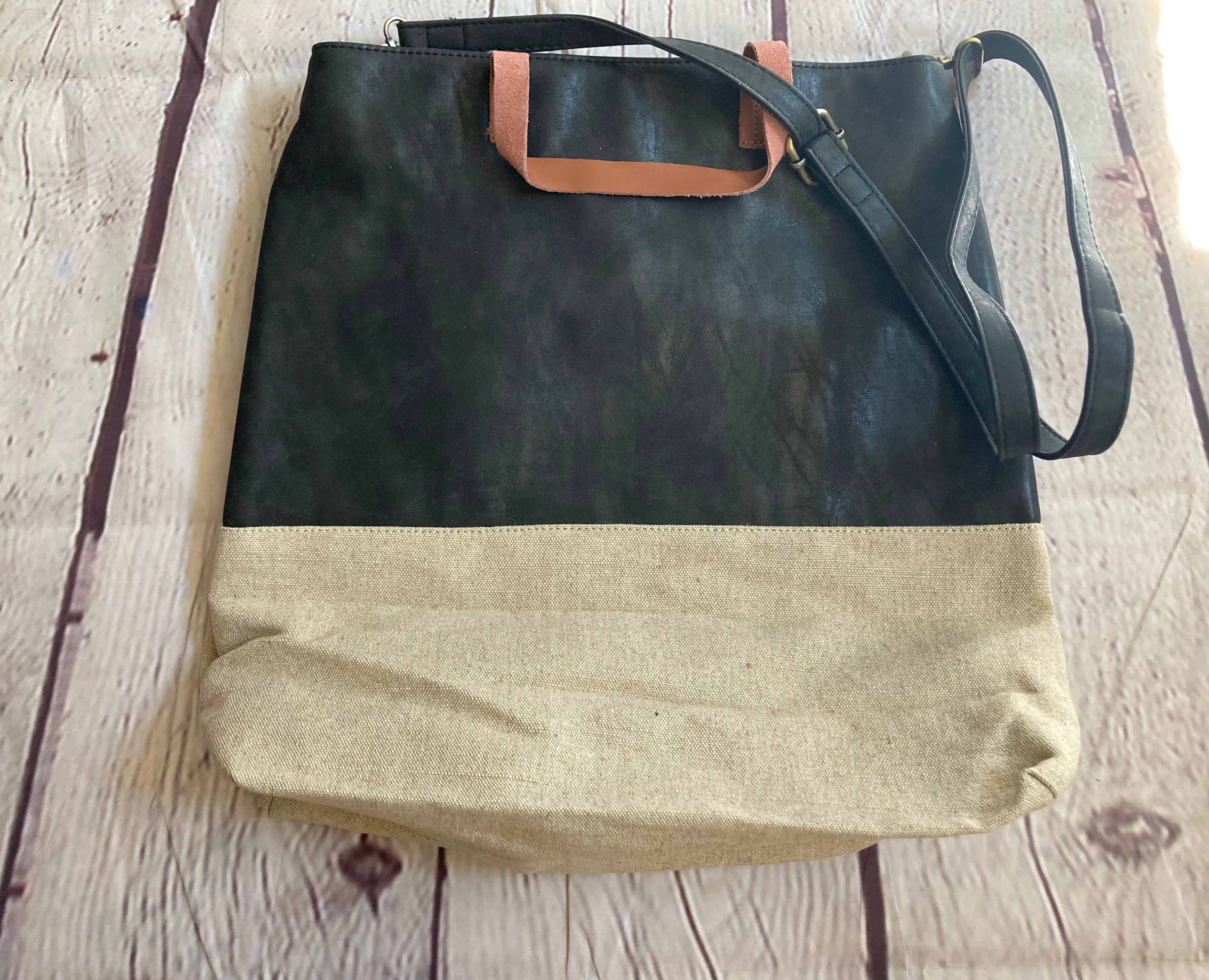 Leather and Canvas Tote Bag - Two Tone