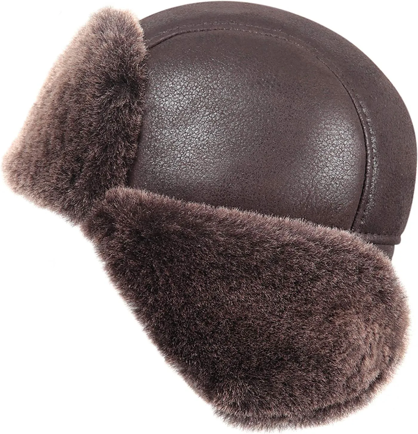 Leather Aviator Shearling Ushanka Trapper Hat Russian Sheepskin Cap Real Fur Winter Hat with Ear Flaps for Men Women