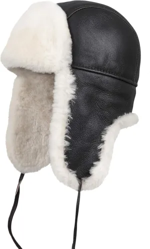 Leather Aviator Shearling Ushanka Trapper Hat Russian Sheepskin Cap Real Fur Winter Hat with Ear Flaps for Men Women