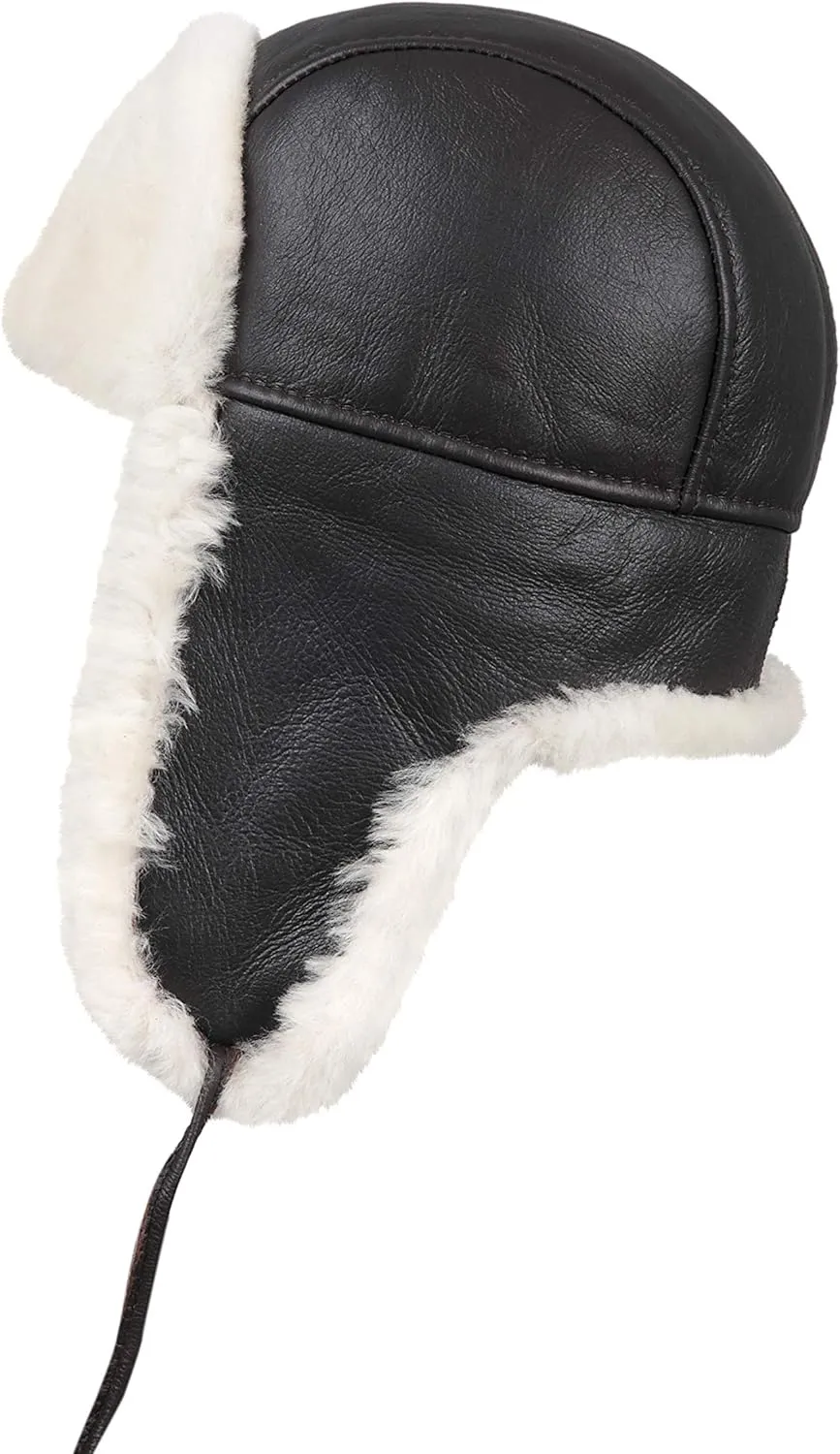 Leather Aviator Shearling Ushanka Trapper Hat Russian Sheepskin Cap Real Fur Winter Hat with Ear Flaps for Men Women