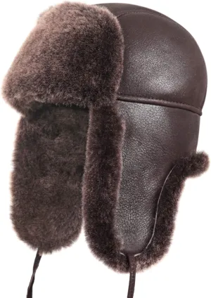 Leather Aviator Shearling Ushanka Trapper Hat Russian Sheepskin Cap Real Fur Winter Hat with Ear Flaps for Men Women
