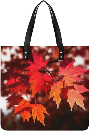 Leather Tote Shoulder Handbag Autumn Fall Red Maple Leaves Tote Bag for Woman Shopping Bags for Work Travel