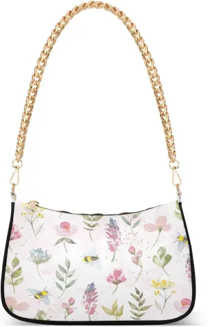 Leaves Pink Flowers Bees Herbs Womens Shoulder Bag for Women Girls Hobo Tote Handbag Gold Chain Crossbody Bag with Zipper Clutch Purse Handbags