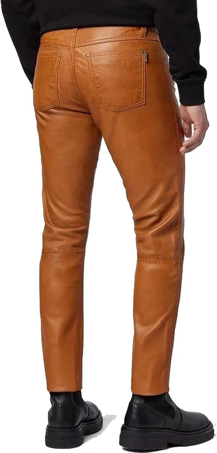 LEER TRADERS Genuine Leather Pants for Men Bikers 100% Real Lambskin Motorcycle Pants Brown 30 to 40 waist