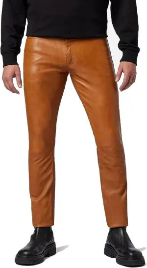LEER TRADERS Genuine Leather Pants for Men Bikers 100% Real Lambskin Motorcycle Pants Brown 30 to 40 waist