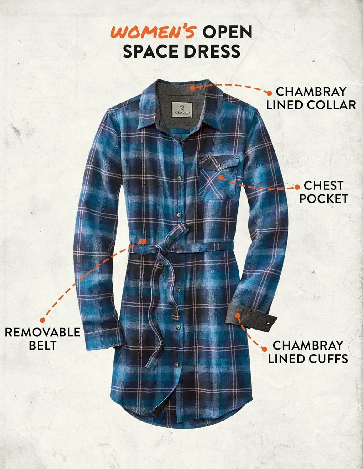 Legendary Whitetails Women's Open Spaces Dress, Plaid Flannel Long Sleeve Button Up Tunic with Belt