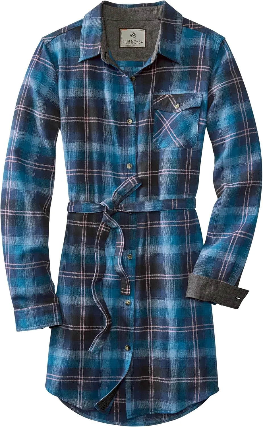 Legendary Whitetails Women's Open Spaces Dress, Plaid Flannel Long Sleeve Button Up Tunic with Belt