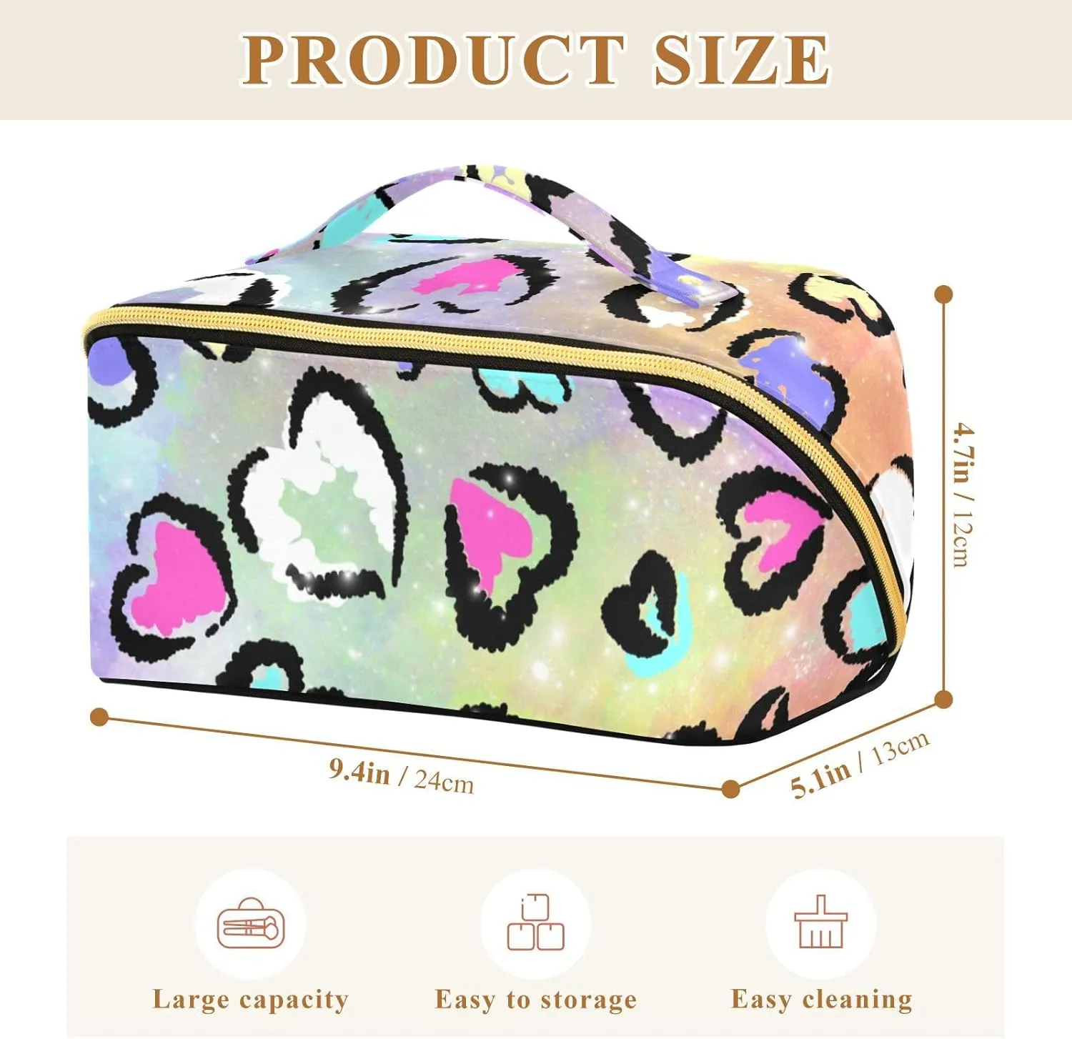 Leopard Heart Print Travel Makeup Bag Portable Cosmetic Pouch Large Capacity Make up Bag Toiletry Bag with Divider and Handle for Women