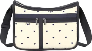 LeSportsac Navy Swiss Heart Deluxe Everyday Crossbody Bag   Cosmetic Bag, Style 7507/Color U276, Unique Embroidered Dark Navy Heart Motifs & Logos, Playful & Whimsical Specialty Pattern, Subtle Sheen