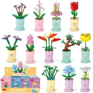 Liberty Imports 12 Pack Mini Flower Botanical Building Block Collection, Creative Flower Plant Toy Set for Kids, Home or Office Colorful Decorations