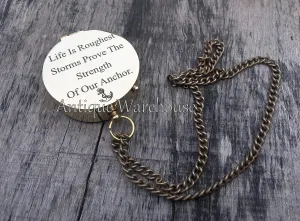 Life's Roughest Storms Prove The Strength of Our Anchor Handmade Engraved Brass Working Compass with Leather Stamped Not All... Case/Chain Perfect Sailors Gift for Christmas/Birthday/Anniversary