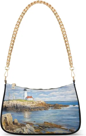 Lighthouse Pattern Shoulder Bag for Women, Handbag with Chain Strap, Soft Purse Tote Bag for Ladies