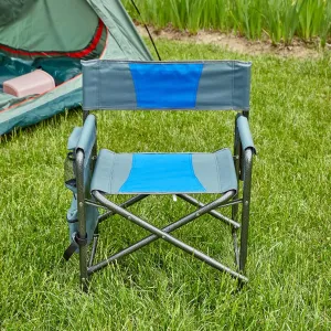 Lightweight Oversized Folding Chair for Comfort and Relaxation, Padded with Storage Pocket, for Camping and Picnics, Blue/Grey